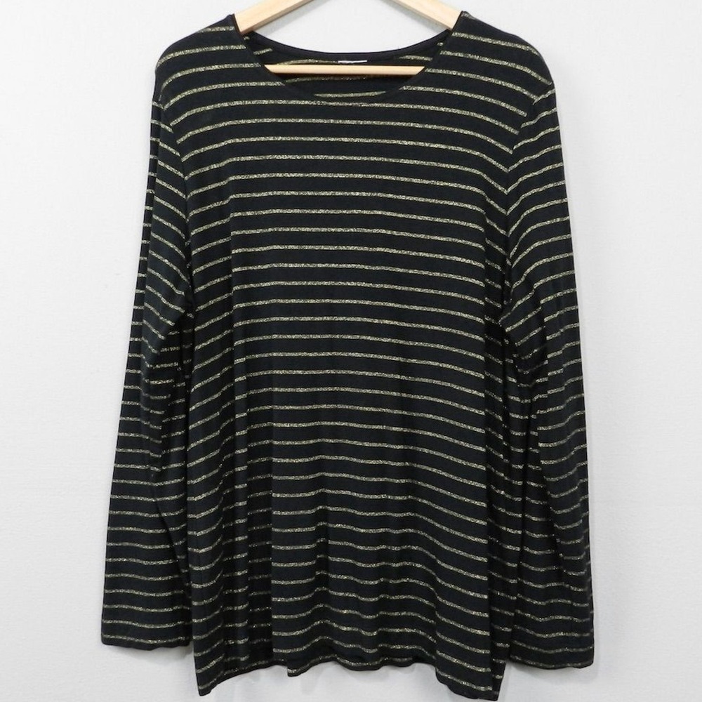 Chico's Striped Long Sleeve Knit Top Size XL Black Gold Metallic Scoop Neck 2X